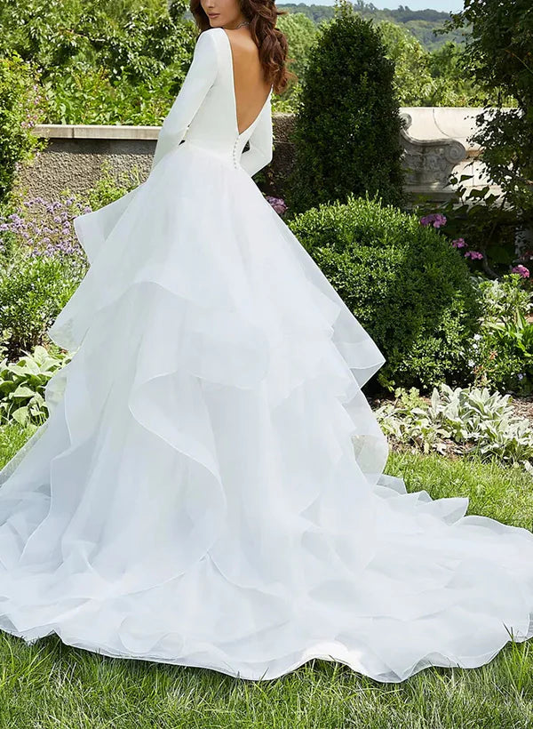 Luolandi V-Neck Ball-Gown Wedding Dresses With Long Sleeves And Cascading Ruffles In Satin/Organza
